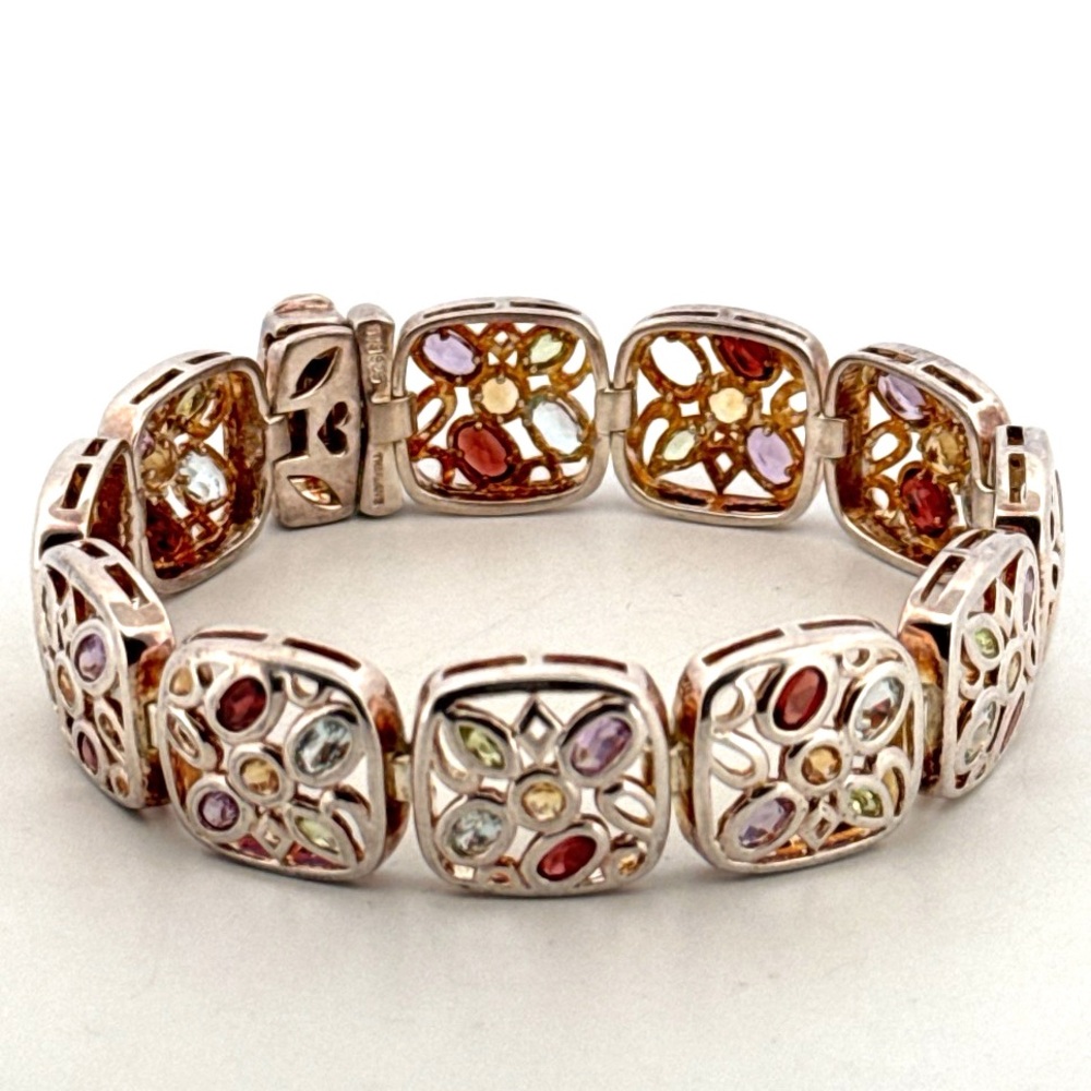 925 Sterling Silver Multicolored Crystal Brac. Amethyst Citrine Blue Topaz 37g